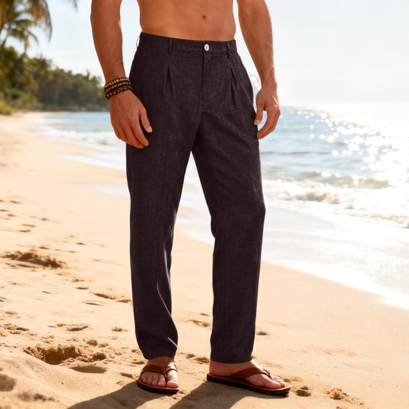 Regular Fit Mid Rise Trousers for Men Linen Blend Breathable Dress Pants Pleated Detail Lightweight Slacks Business Casual Office-wear