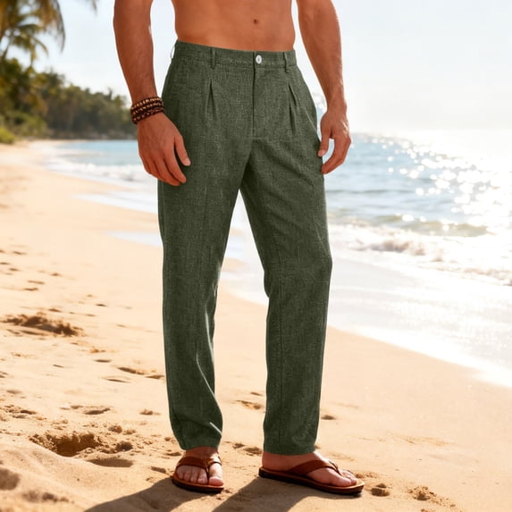 Regular Fit Mid Rise Trousers for Men Linen Blend Breathable Dress Pants Pleated Detail Lightweight Slacks Business Casual Office-wear