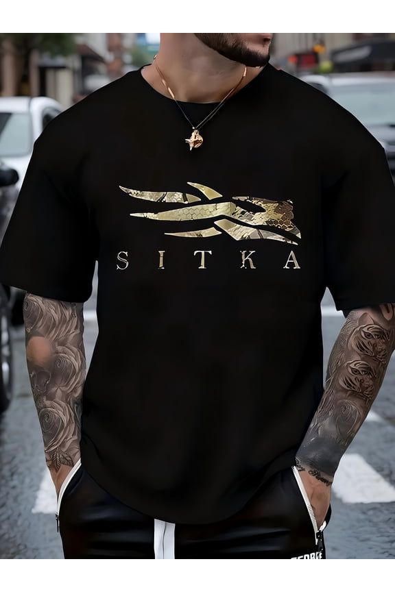 Regular Fit Short Sleeve with Camo & Golden Graphic Print - All-Season Casual & Outdoor Wear, Machine Washable - Ideal Gift for Men, Active Lifestyle Shirt, Round Neck Tee, Stretchy Fabric Shirt