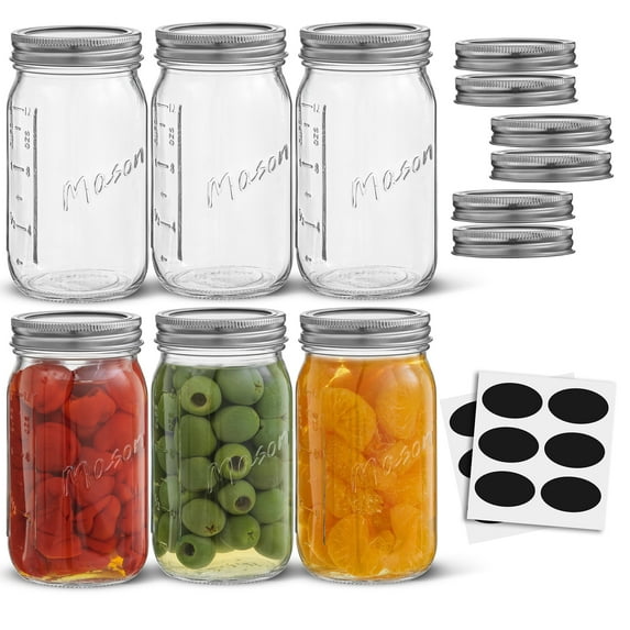 Regular Mason Jars with Airtight Lids, Labels, and Measures – 16 oz – Set of 6