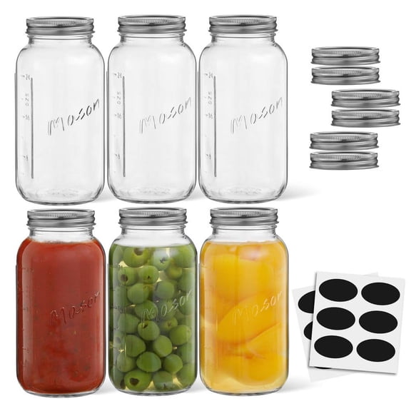 Regular Mason Jars with Airtight Lids, Labels and Measures, Lead Free Glass, 32 oz. Set of 6