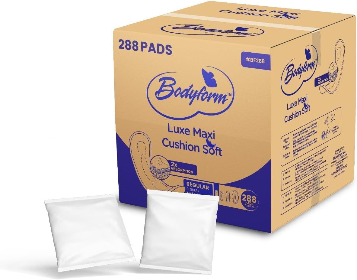 Regular Maxi Feminine Pads (Individually Wrapped) Bulk Packaging - 288 Pads with Adhesive Strip (Ideal for Homeless Shelters, Hospitals, Refugee Camps & Institution Donations) #BF288