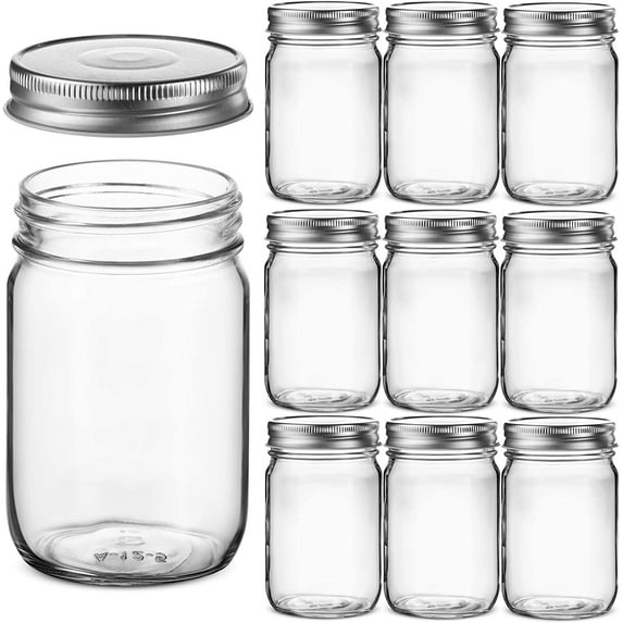 Regular-Mouth Glass Mason Jars, 12-Ounce (10-Pack) Canning Jars with Silver Metal Airtight Lids for Meal Prep, Food Storage, Canning, Drinking, Overnight Oats, Jelly, Dry Food