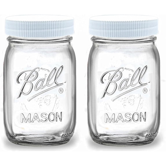 Regular Mouth Mason Jars 16 oz - (2 Pack) - Ball Regular Mouth 16-Ounces Pint Mason Jars with White M.E.M Food Storage Plastic Lids