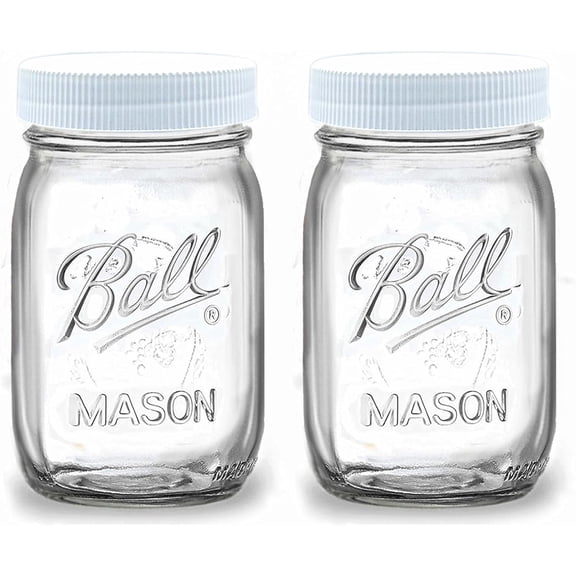 Regular Mouth Mason Jars 16 oz - (2 Pack) - Ball Regular Mouth 16-Ounces Pint Mason Jars with White M.E.M Food Storage Plastic Lids