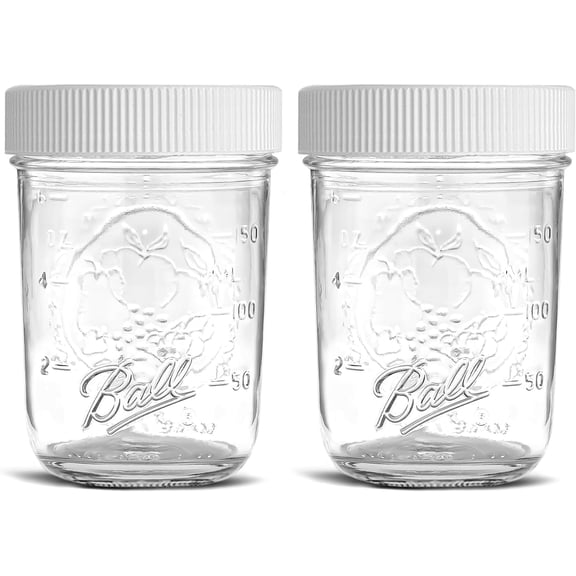 Regular Mouth Mason Jars 8 oz - (2 Pack) - Ball Regular Mouth Half Pint 8-Ounces Mason Jars with White M.E.M Food Storage Plastic Lids
