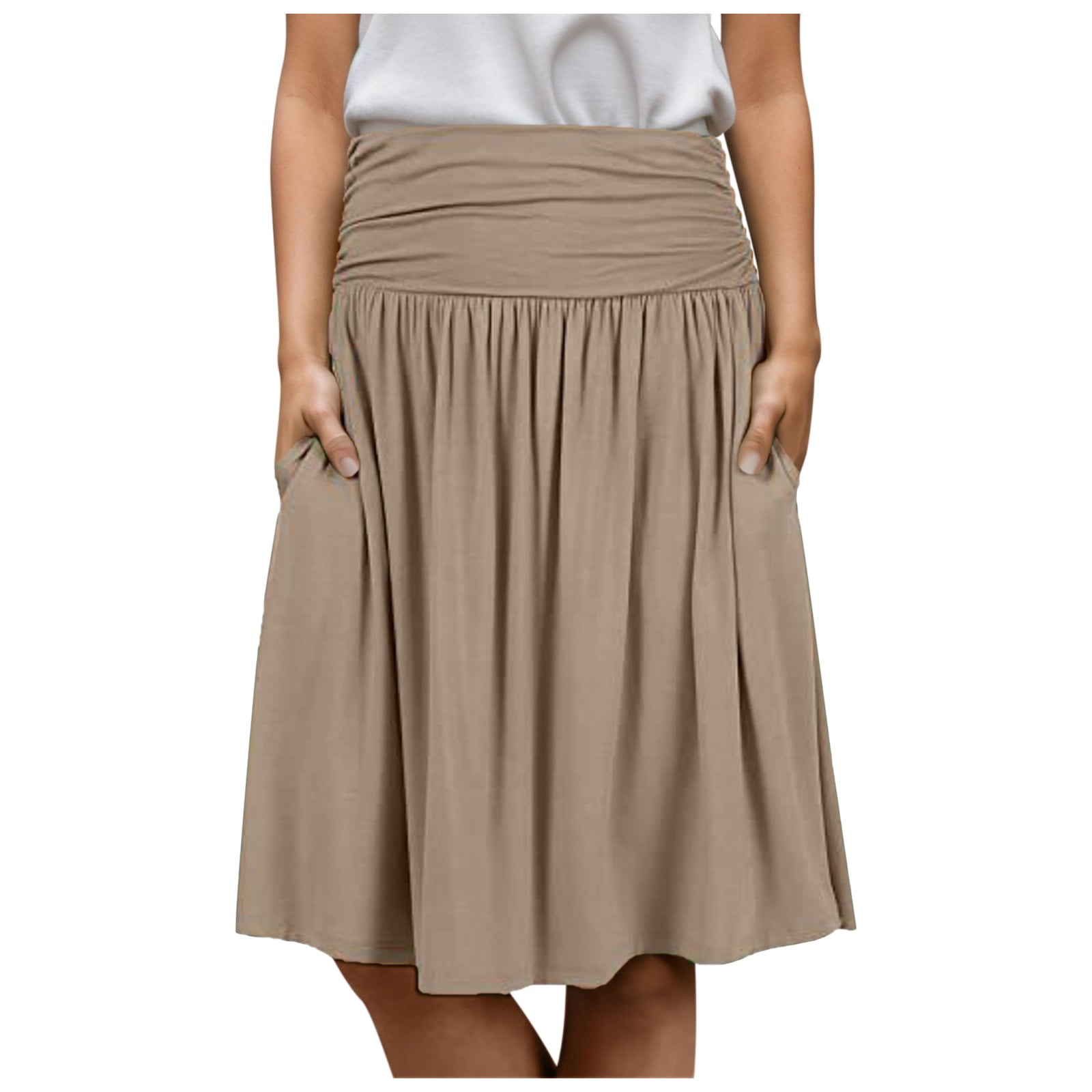 Regular Plus Size Women s Skirts Below Knee Length Ruched Flowy Midi Skirt with Pockets Beige L Walmart