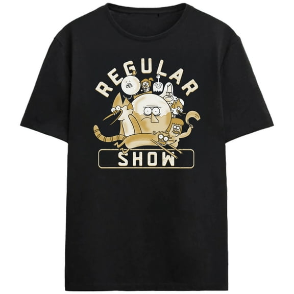 Regular Show Good Times Halftone on Black Adult Crew Neck Short Sleeve T-shirt - Medium