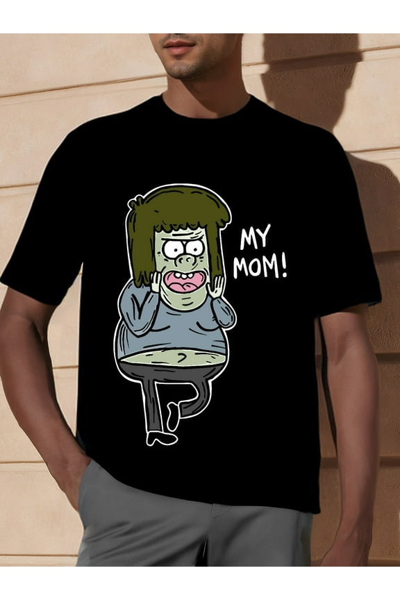 Regular Show "My Mom!" Graphic T-Shirt Funny Men's Short Sleeve Tee with Black Color and Humorous Muscle Man Design Collection 338145