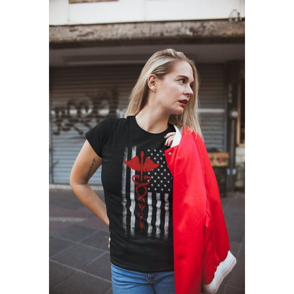 Regular Size Ladies USA Flag Tee EMT Nurses Lives Matter T-Shirt Black, Small