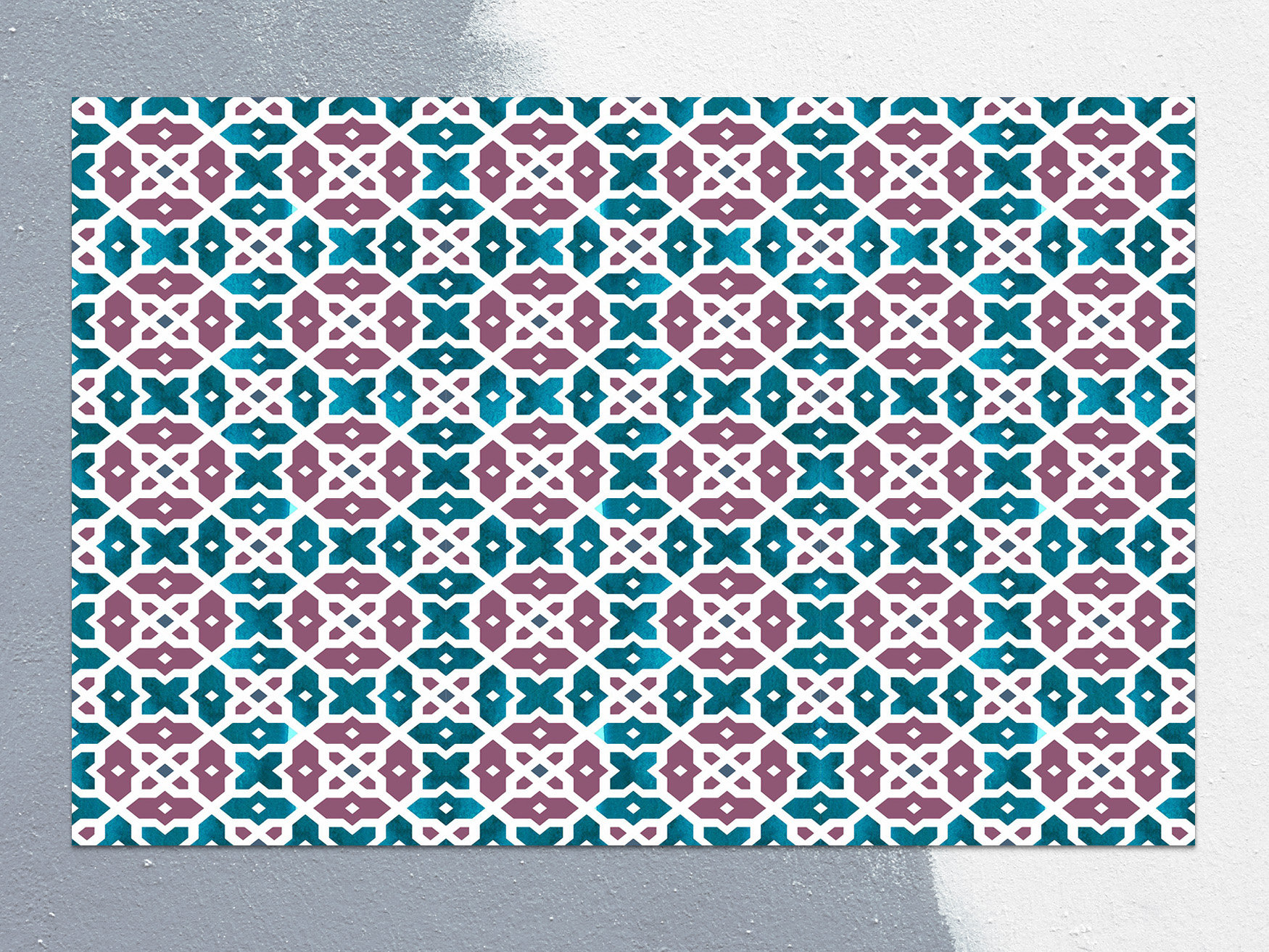 Regular Turquoise Tiled Mat, Purple Linoleum Rug, Blue Floor Mat, Geometric Rug, Linoleum Mat