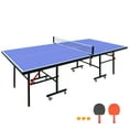 thumbnail image 1 of Regulation-Size Foldable Ping Pong Table Set with Steel Frame – 8ft x4ft Portable Table Includes Net, 2 Paddles, 3 Balls, Rotating Wheels & Compact Storage for Home/Office Use, 1 of 9