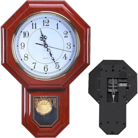 Regulator Pendulum Wall Clock, Battery Operated Vintage Decorative Grandfather Clock with Swinging Pendulum, Red 11.8x17.7in for Living Room Bedroom Kitchen Office