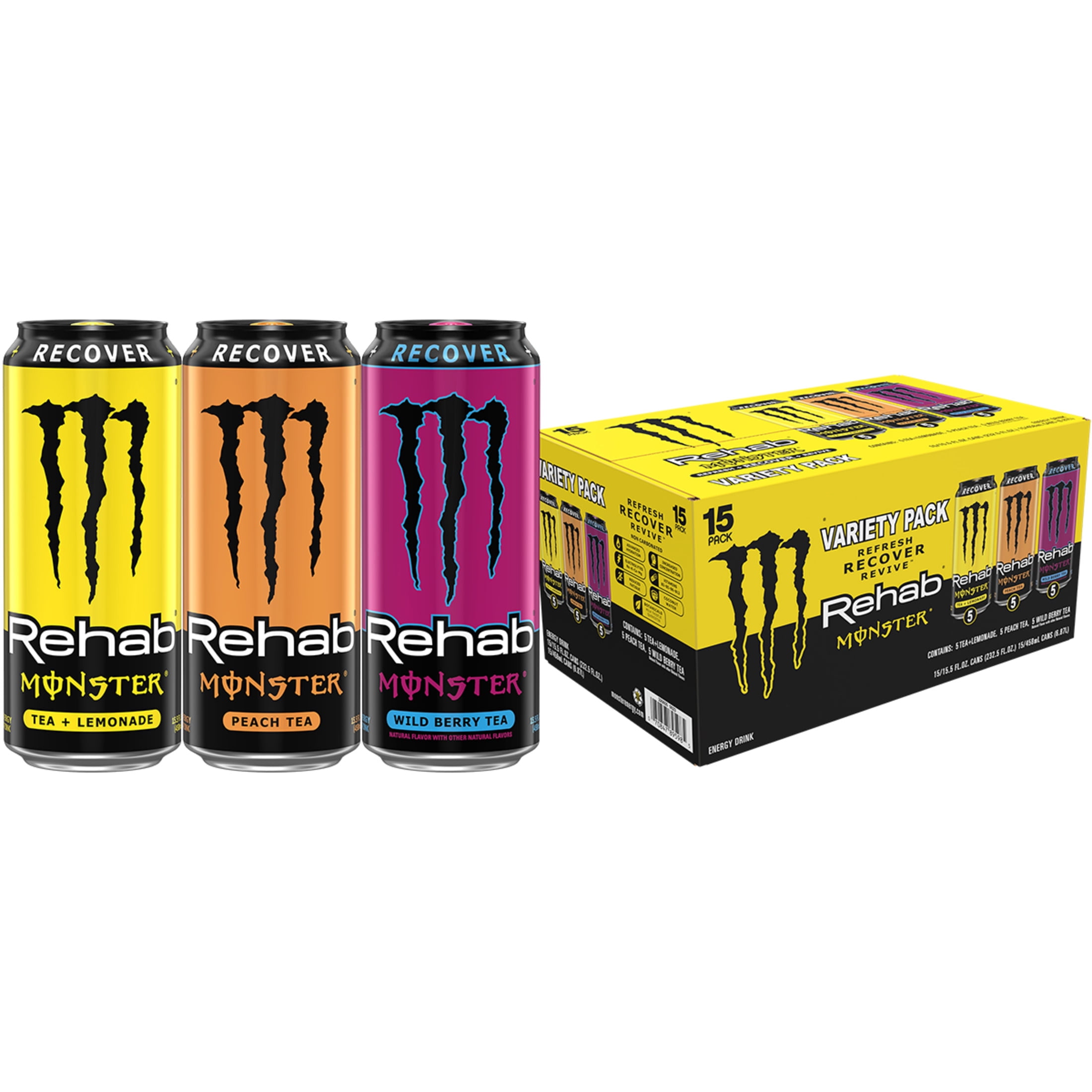 Monster Rehab Variety Pack Energy Drink, Zero Sugar, 15-Pack, 16 Oz Cans