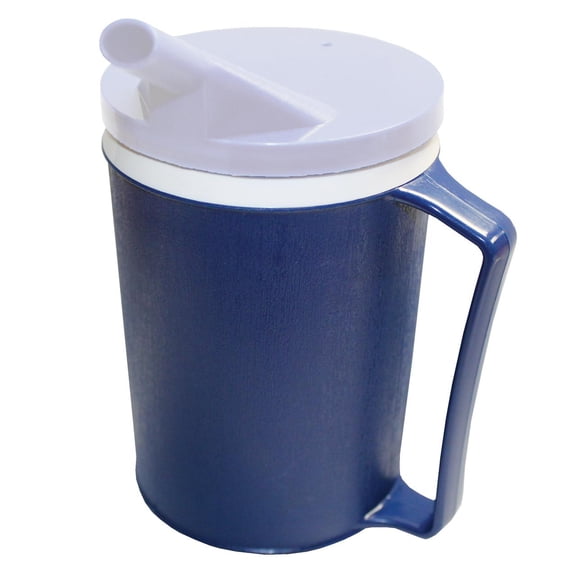 Rehabilitation Advantage Insulated Blue Mug with White Snorkel Lid  12 oz Non-Weighted Cup, Easy-Grip Handle, Spill-Resistant, Durable Plastic, Hot & Cold Drinking Aid for Limited Hand Strength