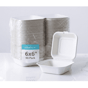 Reharvest 6x6-Inch To-Go Clamshell Take Out Container [Pack of 50], Heavy-Duty, 100% Biodegradable, Home Compostable, Plastic-Free, Made of Eco-Friendly Plant-Based Sugarcane Bagasse Fibers