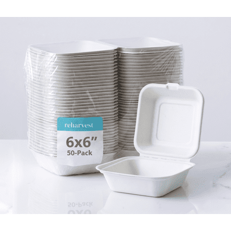 Reharvest 6x6-Inch To-Go Clamshell Take Out Container [Pack of 50], Heavy-Duty, 100% Biodegradable, Home Compostable, Plastic-Free, Made of Eco-Friendly Plant-Based Sugarcane Bagasse Fibers