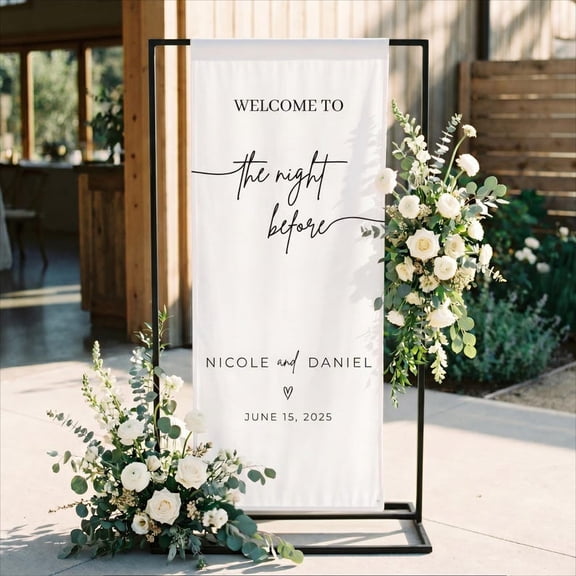 Rehearsal Dinner Satin Wedding Welcome Sign, Personalized Names and Date Backdrop, Night Before Decor