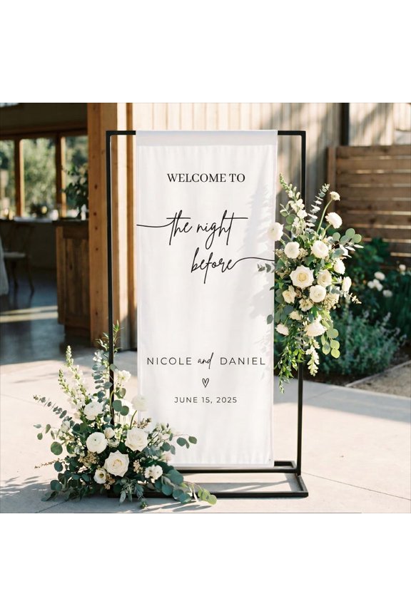 Rehearsal Dinner Satin Wedding Welcome Sign, Personalized Names and Date Backdrop, Night Before Decor