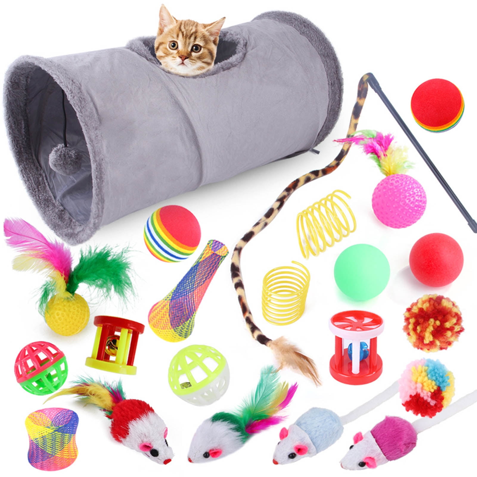Reheyre 22Pcs Set Cats Tube Toys No Burrs Interactive Foldable Pet Kitten Tunnel Teaser Feather Ball Toys Cat Supplies