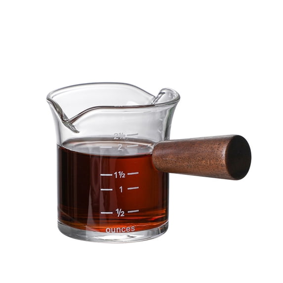 Reheyre 70/75/150ML Double Spout Coffee Cup with Wooden Handle - Heat Resistant - Multipurpose Clear Scales Milk Coffee Measuring Cup - for Home