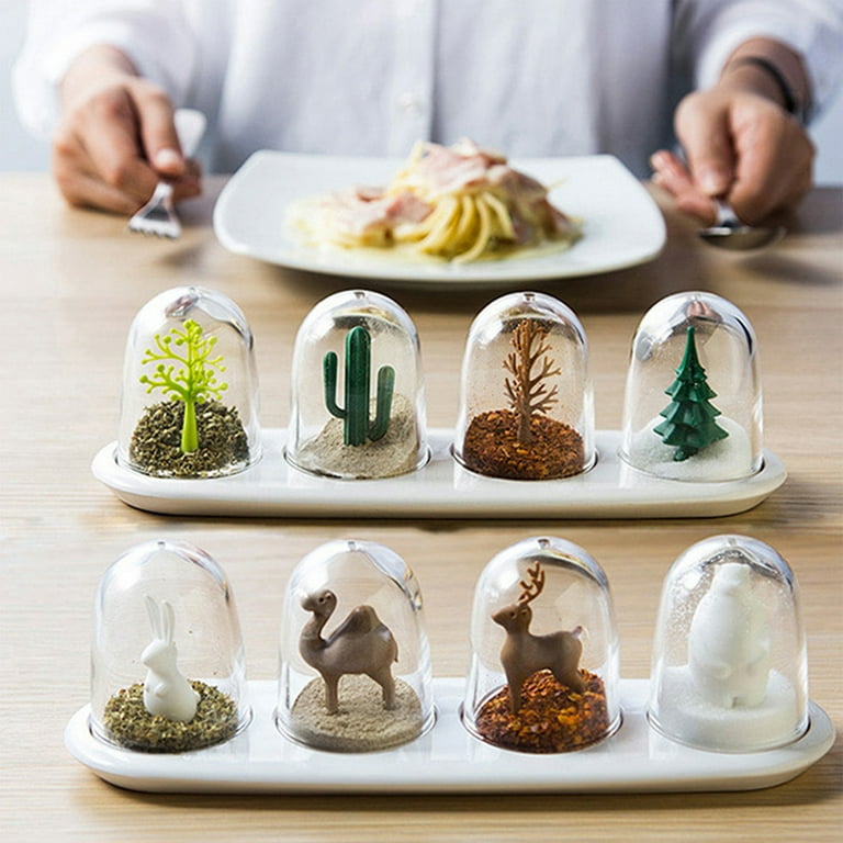 Reheyre Cute Transparent Spice Jar Set Four Seasons Plant and Animals Themed PP Spice Jars for Herbs 4Pcs Set