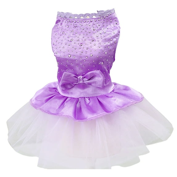 Reheyre Pet Dress Shiny Rhinestone Stand Collar Soft Comfortable Eye-catching Shirring Princess See-through Mesh Bow-knot Decor Pet Wedding Dress Dog Clothing