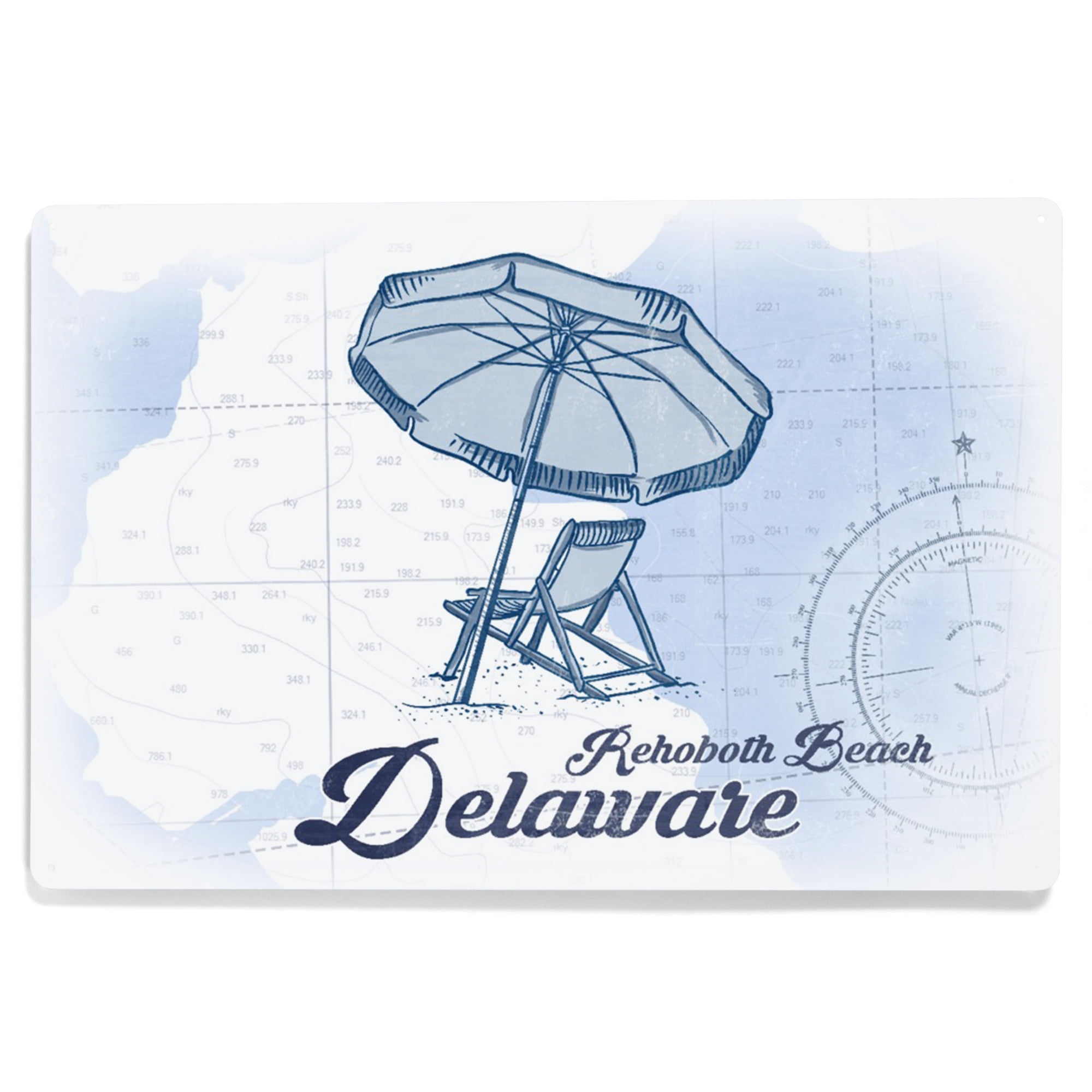 Rehoboth Beach, Delaware, Beach Chair and Umbrella, Blue, Coastal Icon (12x18 Aluminum Art
