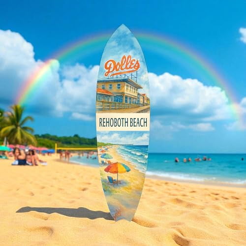 Rehoboth Beach Surfboard Wall Art – Dolle’s Salt Water Taffy Scene, Coastal Decor, Delaware Beach Sign, Outdoor Indoor PVC, 5 Foot