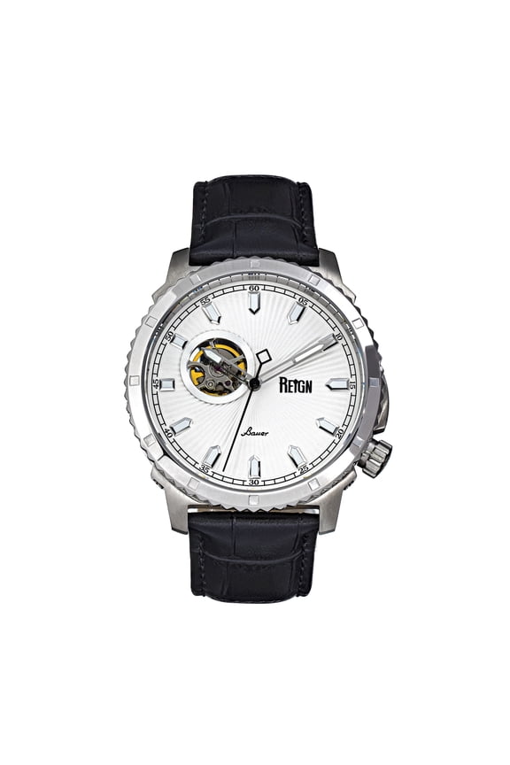 Reign Bauer Automatic Semi-Skeleton Leather-Band Watch - Silver/White