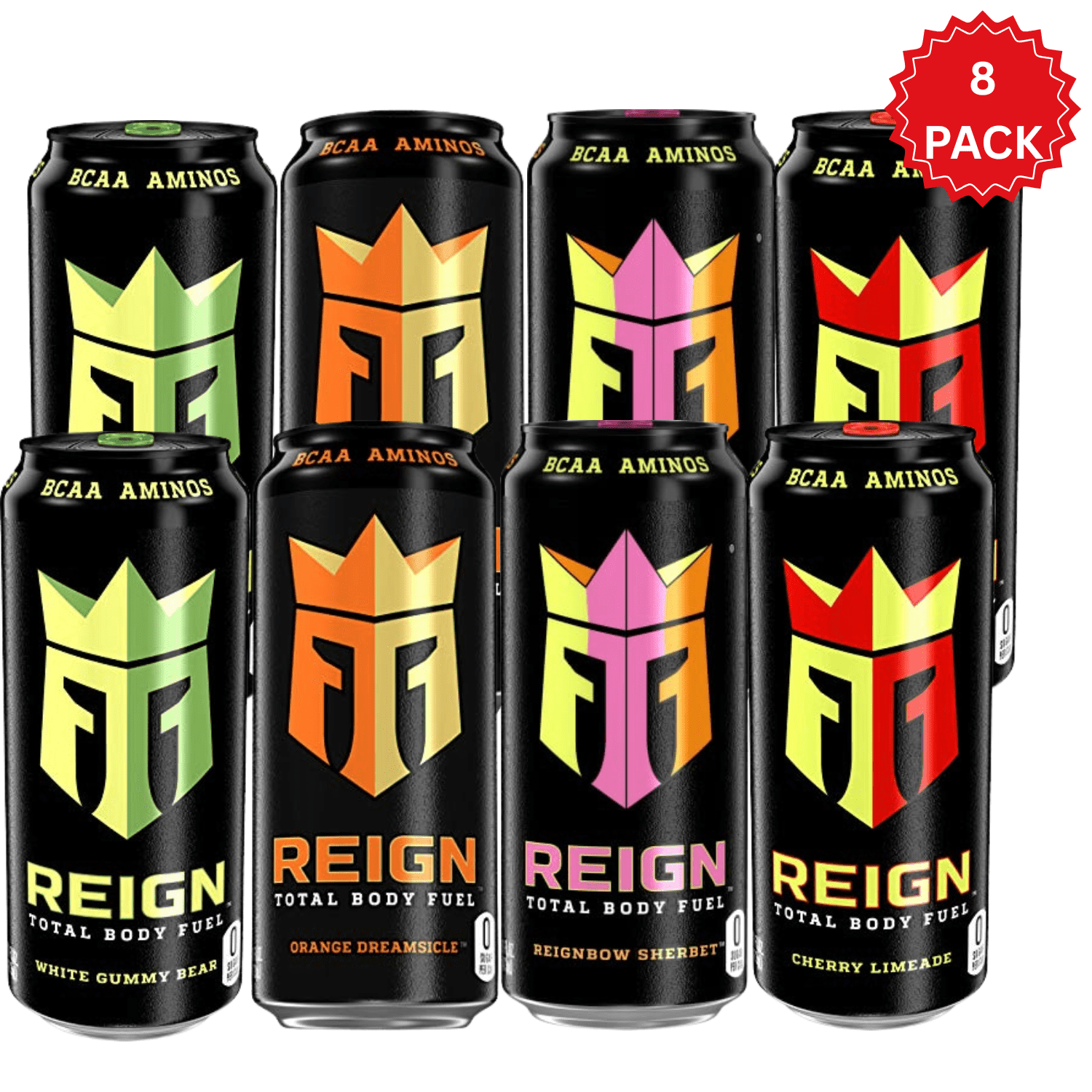 Reign Energy Drink Variety Pack 16 fl oz (8 Pack), Zero Sugar – White Gummy Bear, Cherry Limeade, Orange Dreamsicle, Reignbow Sherbet