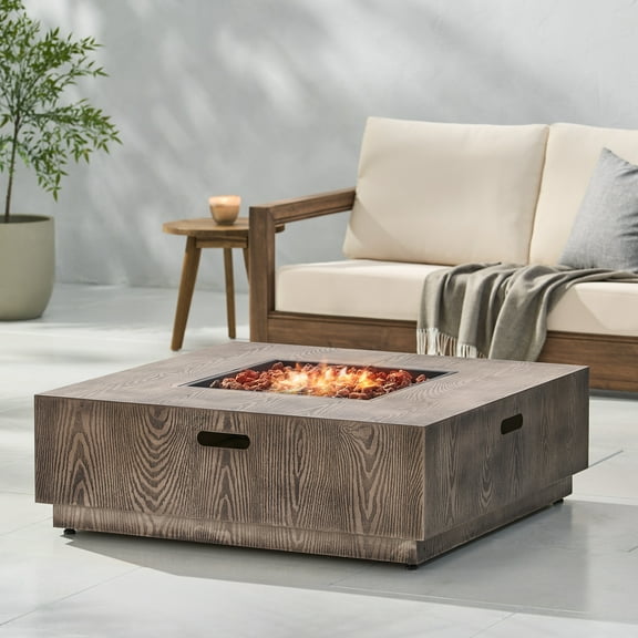 Reign Metal Outdoor 50,000 BTU Square Fire Pit (No Tank Holder), Brown Wood Pattern