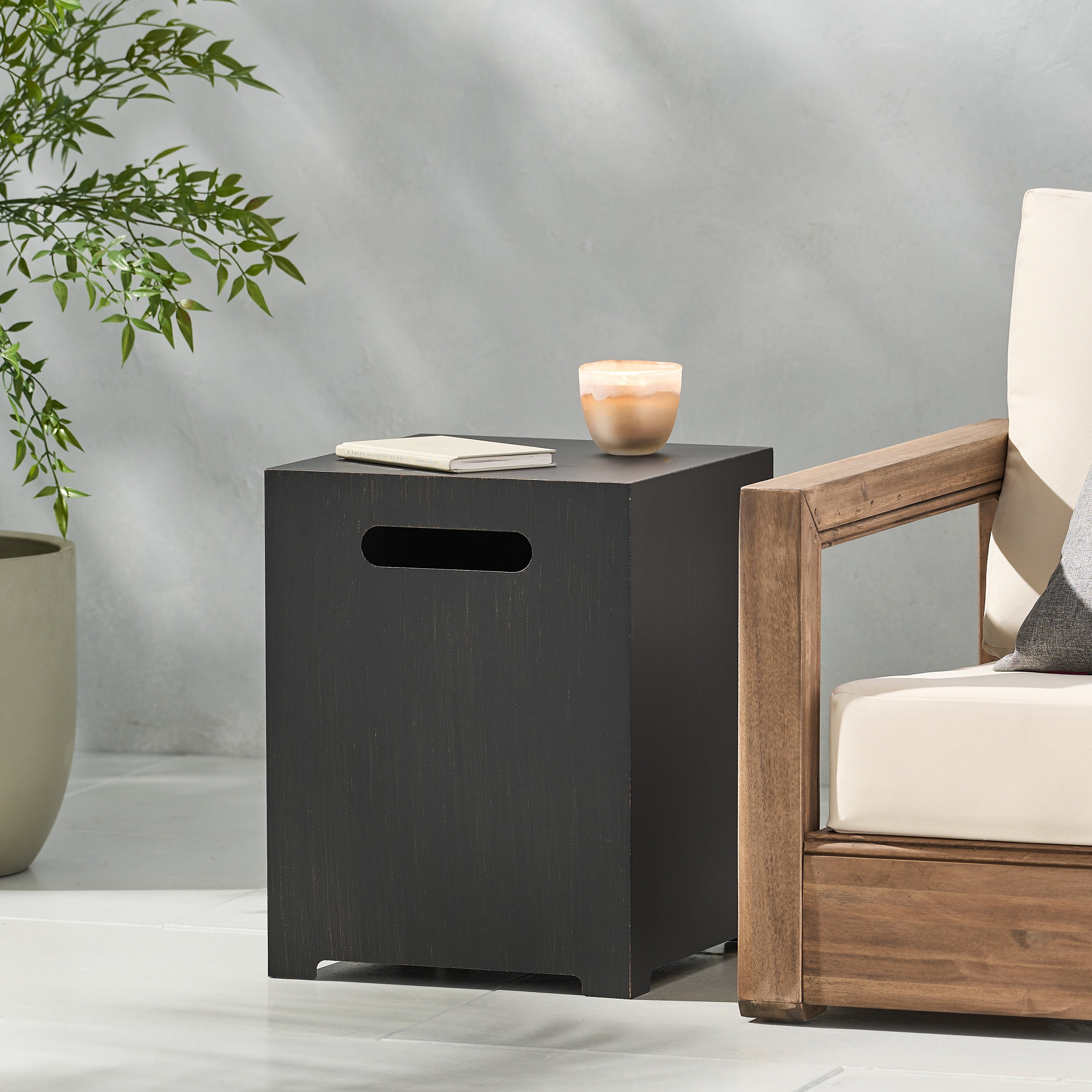 Brushed Brown Metal Outdoor Side Table and Tank Holder