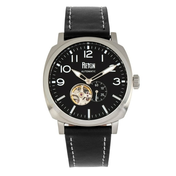 Reign REIRN5801 Napoleon Automatic Semi Skeleton Leather Band Watch, Silver & Black
