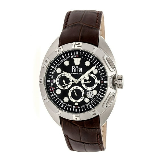 Reign Ronan Automatic Leather-Band Watch W/Day/Date - Brown/Silver/Black