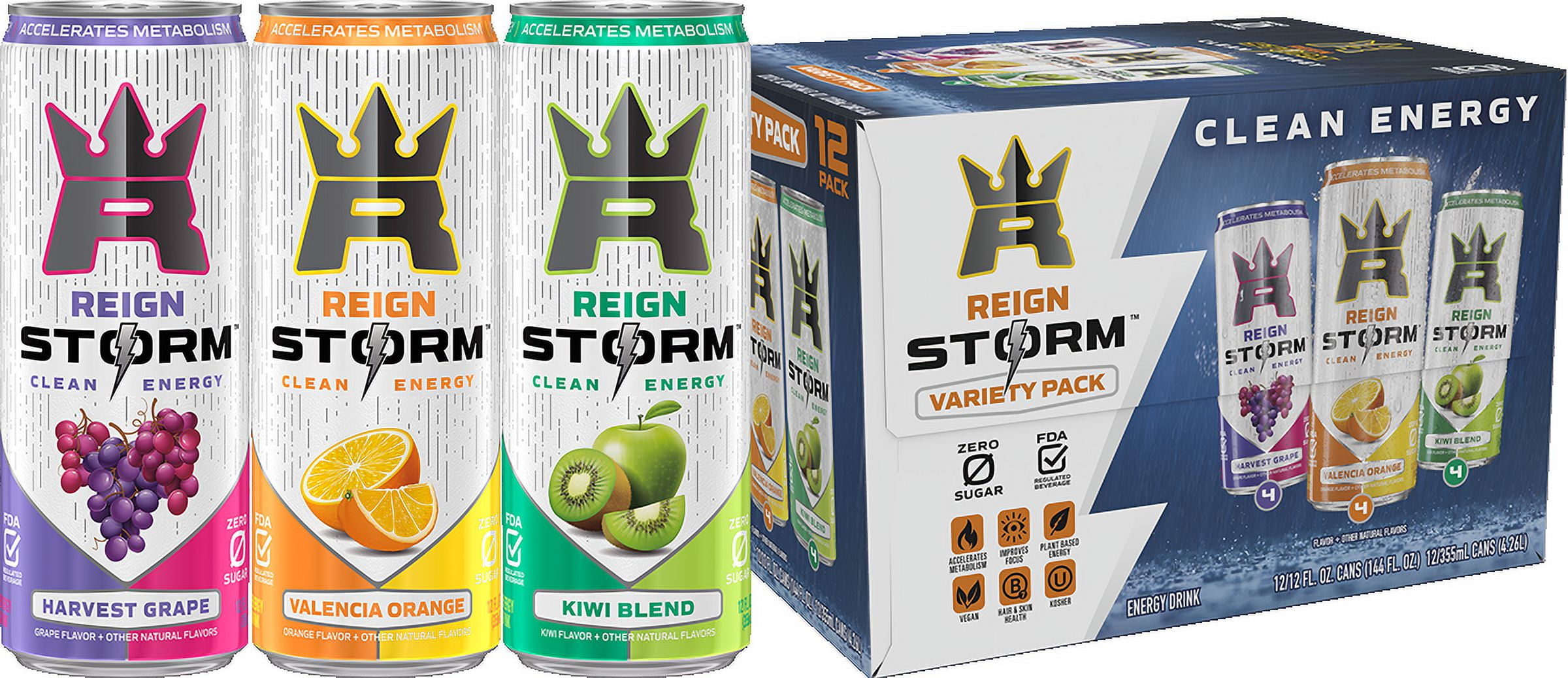 Reign Storm, VP Kiwi Blend, Valencia Orange, Harvest Grape, Clean Energy Drink, 12 fl oz, 12 Pk