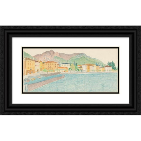 Reijer Stolk 14x8 Black Ornate Wood Framed Double Matted Museum Art Print Titled: View of an Italian City on the Water (1936)