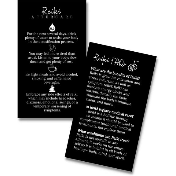 Reiki Aftercare Cards  50 Pack  Size 2x3.5" inch Business Card  Black with White Design