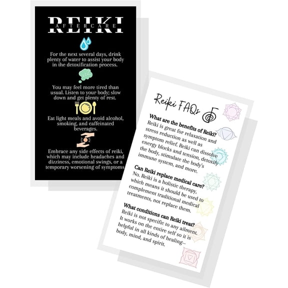 Reiki Aftercare and FAQ Client Cards  50 Pack  2 x 3.5 Business Cards for Practitioners to give After Session White with Chakra Bodice Spiritual Chakra Massage Therapy What to Expect from Reiki