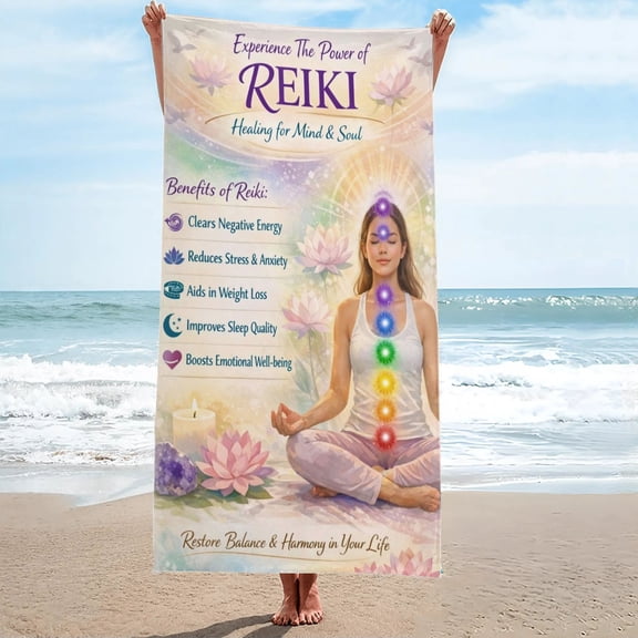Reiki Healing Benefits Chakra Meditation Beach Towel Oversized Sand Free 27.5"x55"
