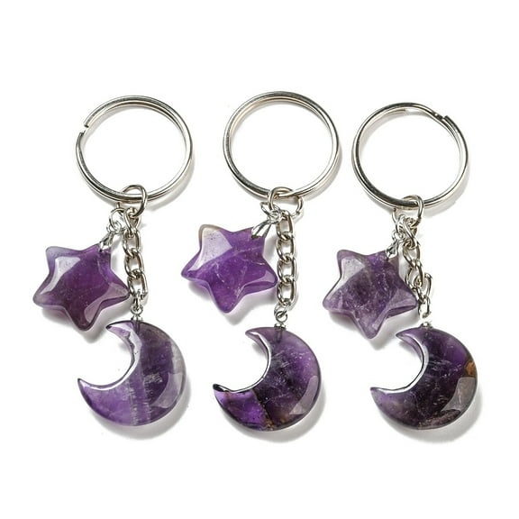 Reiki Natural Amethyst Moon & Star Pendant Keychains with Iron Keychain Rings 7.8cm