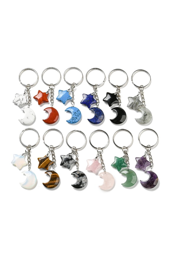 Reiki Natural & Mixed Gemstone Moon & Star Pendant Keychains with Iron Keychain Rings 7.8cm