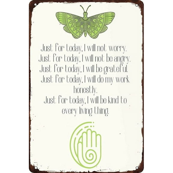 Reiki Principles Just for Today Green Butterfly Meditation Yoga Room Tin Metal Signs Wall Decor Fun Decoration for Home Size: 8 x 12 Inches