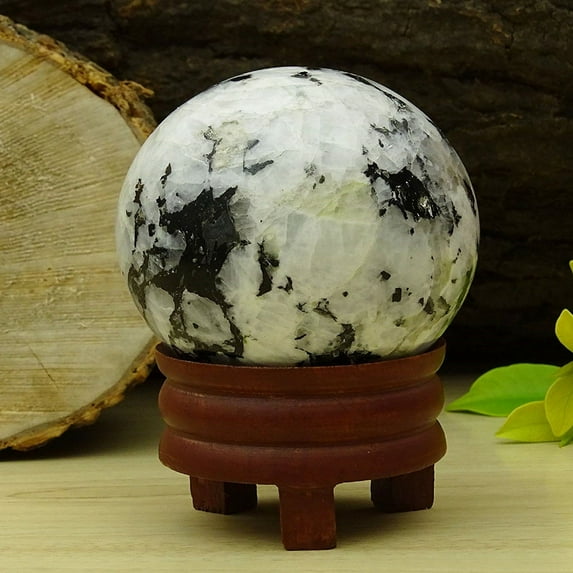 Reikiera Rainbow Moonstone Sphere with Black Tourmaline Crystal Healing Stone Ball Natural Gemstone with Ring Stand- Choose Size