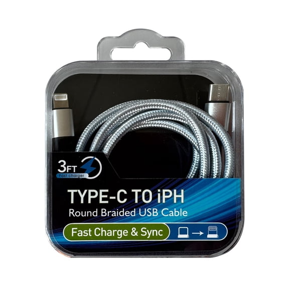 Reiko Power Delivery USB-C to 8-Pin Fast Charging & Sync Nylon-Braided 3Ft Cable in Silver