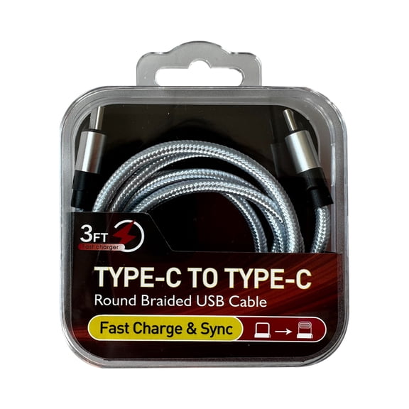 Reiko Power Delivery USB-C to C Fast Charging & Sync Nylon- Braided 3Ft Cable in Silver