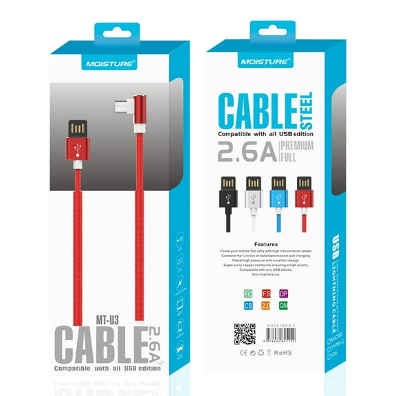 Reiko Wireless Moisture 2.6a Premium Full Steel Micro to Ligntning Data Cable in Red