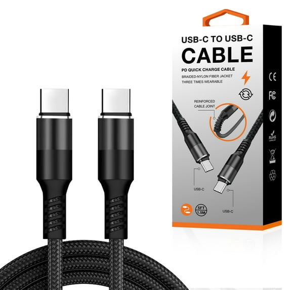 Reiko Power Delivery USB-C to C Fast Charging & Sync Nylon- Braided 5Ft Cable in Black