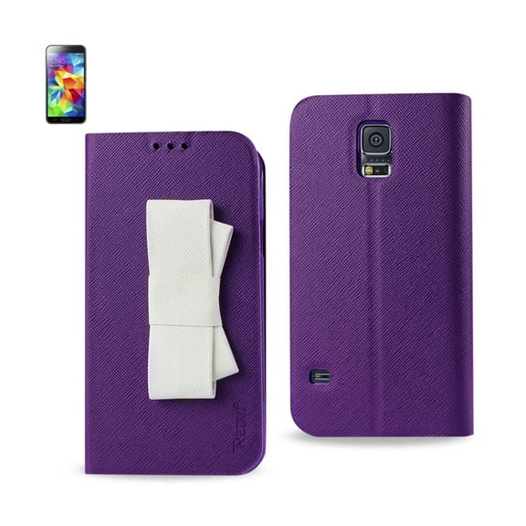 Reiko brand for Galaxy S5 Flip Folio Bow Wallet Case In Purple White