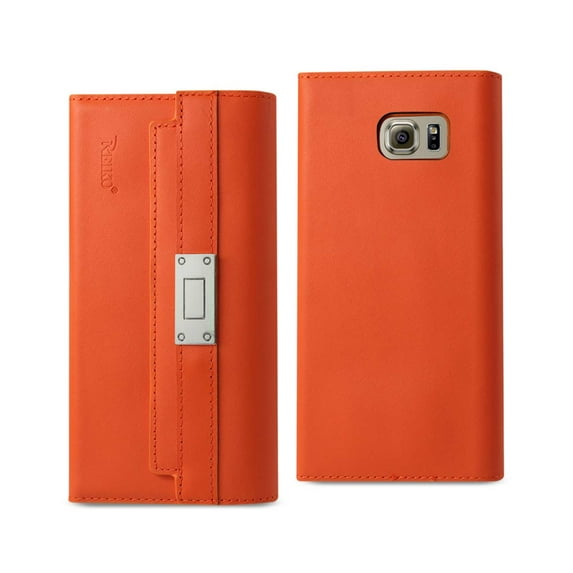Reiko brand for Reiko brand for Galaxy S6 Genuine Leather Rfid Wallet Case And Metal Buckle Belt In Tangerine